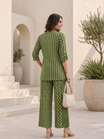 Green Printed Polyester Floral Round Neck Casual Co-Ord Set