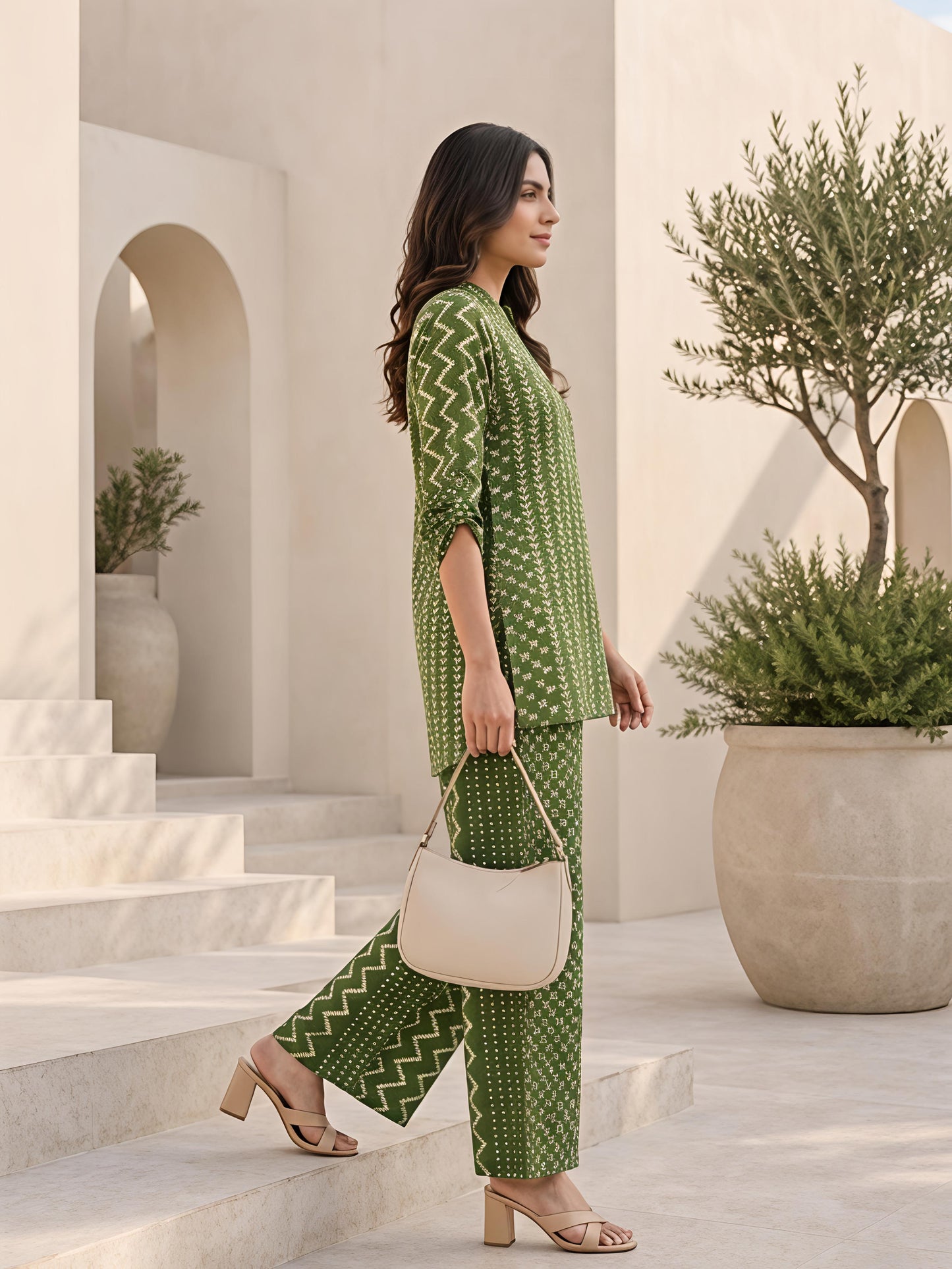 Green Printed Polyester Floral Round Neck Casual Co-Ord Set