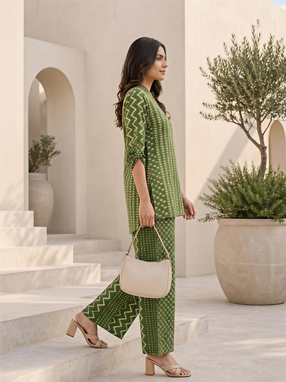 Green Printed Polyester Floral Round Neck Casual Co-Ord Set