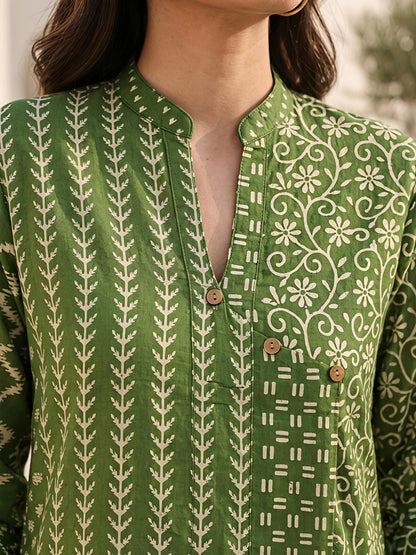 Green Printed Polyester Floral Round Neck Casual Co-Ord Set