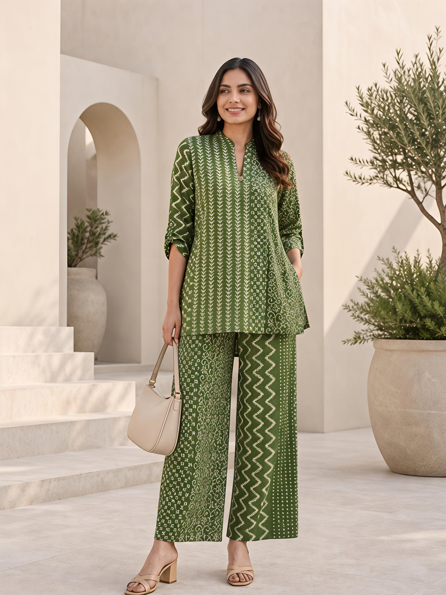 Green Printed Polyester Floral Round Neck Casual Co-Ord Set