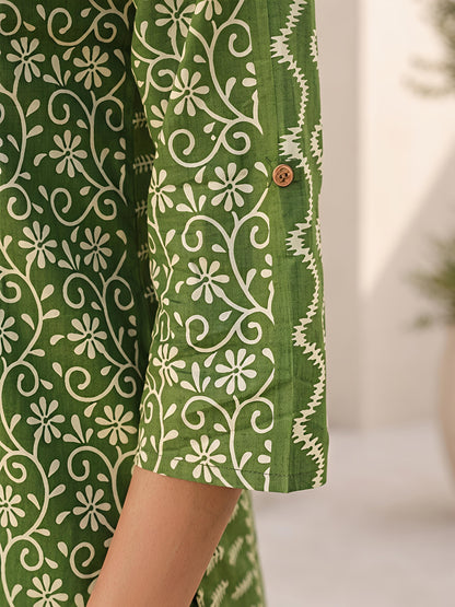 Green Printed Polyester Floral Round Neck Casual Co-Ord Set