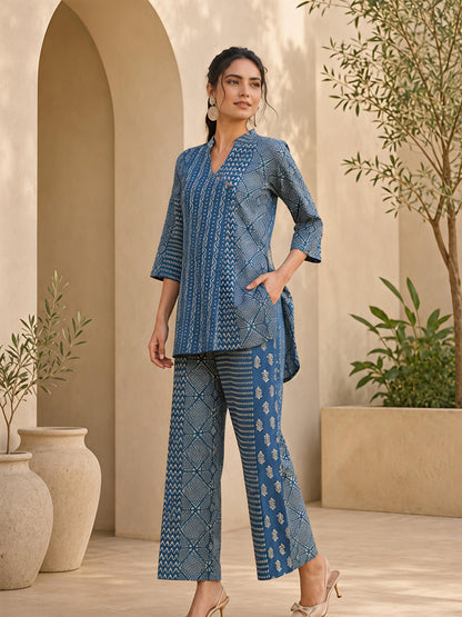 Blue Printed Polyester Floral Round Neck Casual Co-Ord Set