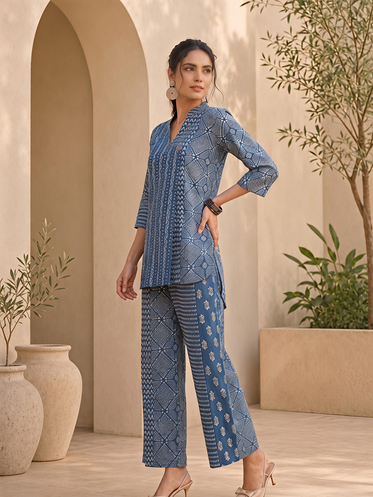 Blue Printed Polyester Floral Round Neck Casual Co-Ord Set