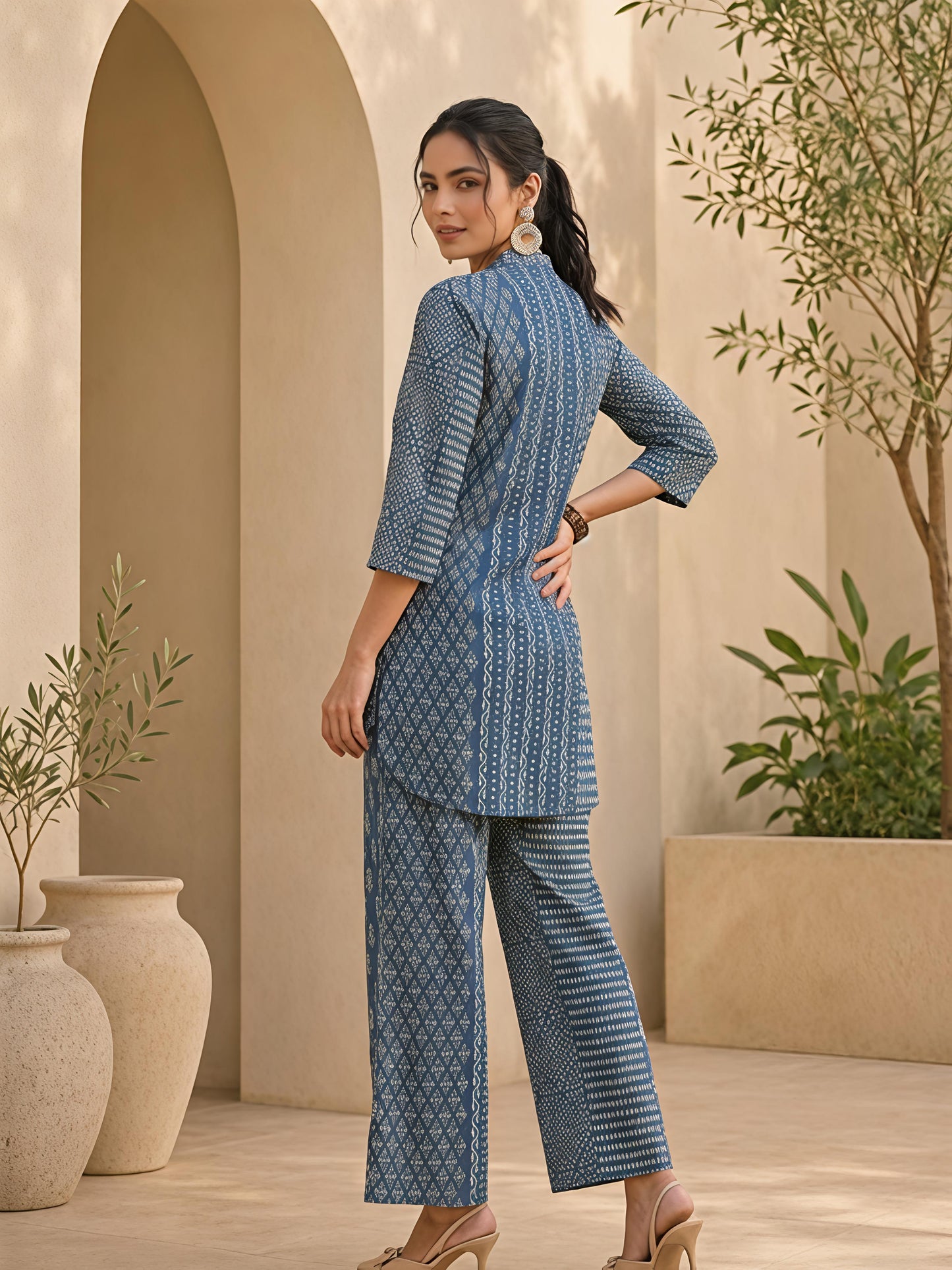 Blue Printed Polyester Floral Round Neck Casual Co-Ord Set