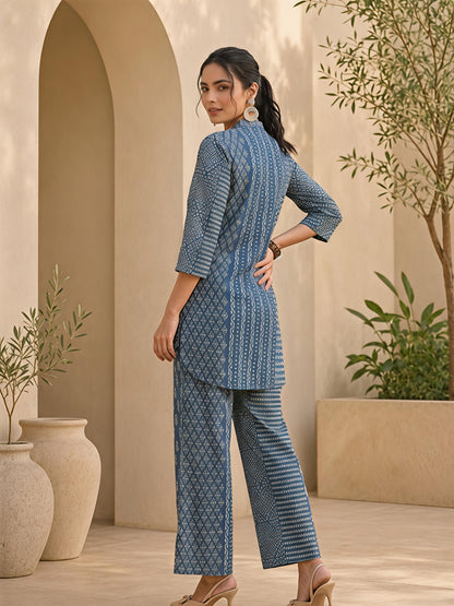 Blue Printed Polyester Floral Round Neck Casual Co-Ord Set