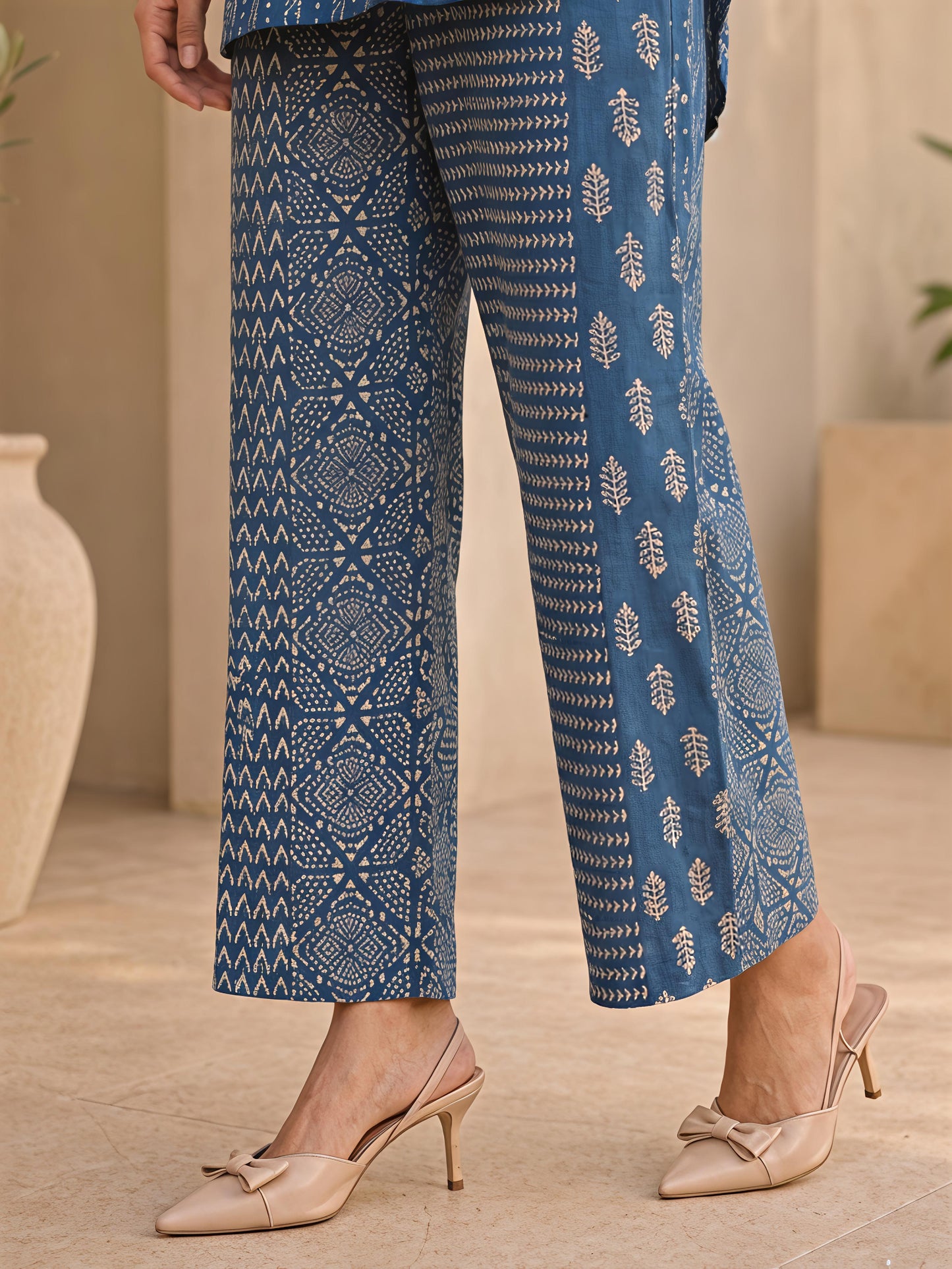 Blue Printed Polyester Floral Round Neck Casual Co-Ord Set