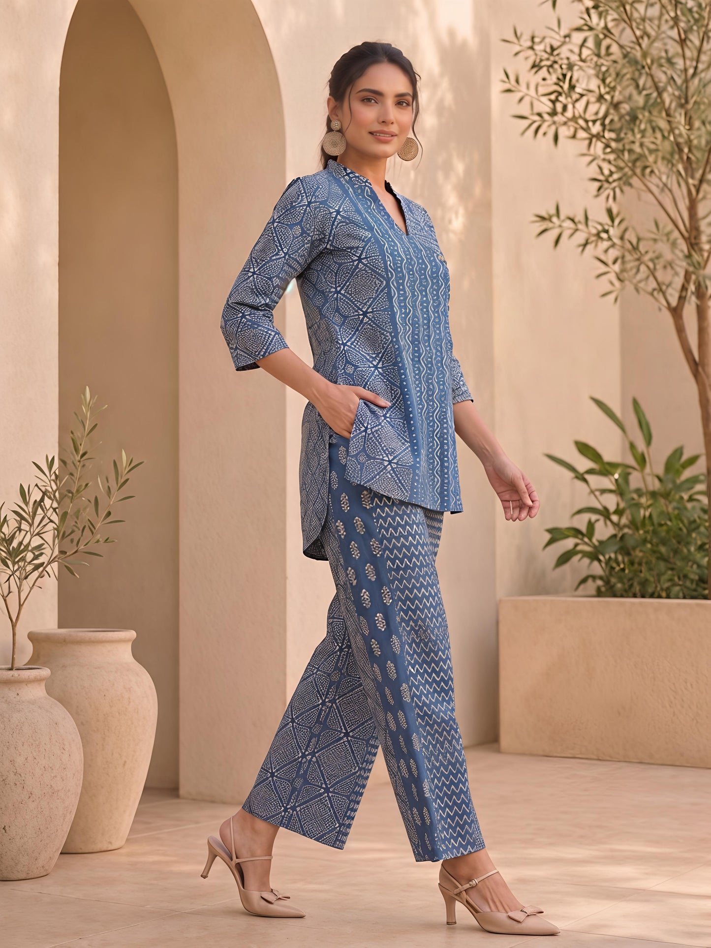 Blue Printed Polyester Floral Round Neck Casual Co-Ord Set