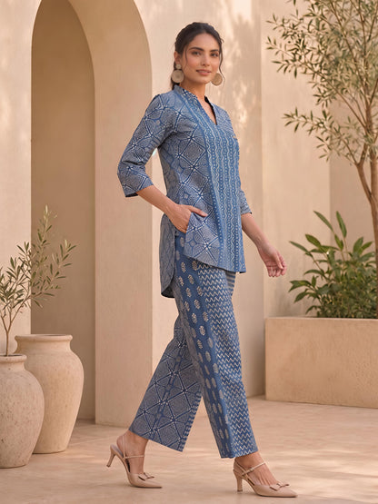 Blue Printed Polyester Floral Round Neck Casual Co-Ord Set