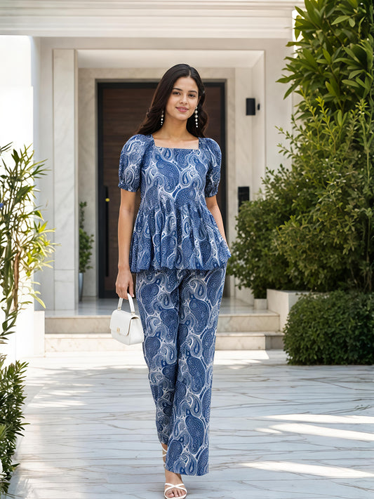 Blue Printed Polyester Paisley Round Neck Casual Co-Ord Set