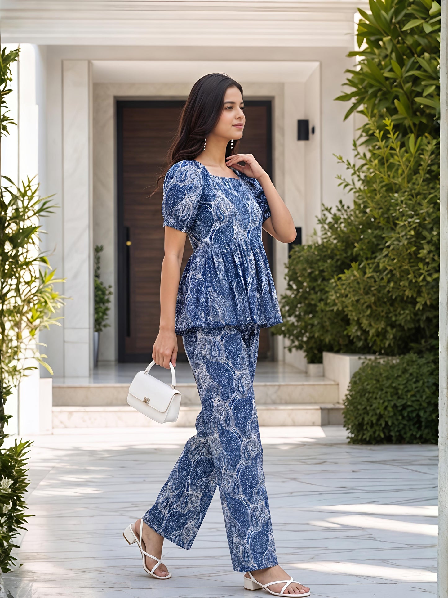 Blue Printed Polyester Paisley Round Neck Casual Co-Ord Set