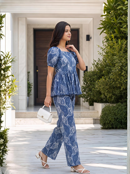 Blue Printed Polyester Paisley Round Neck Casual Co-Ord Set