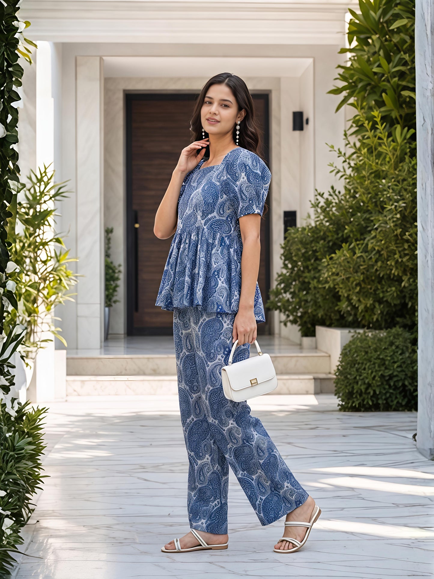 Blue Printed Polyester Paisley Round Neck Casual Co-Ord Set