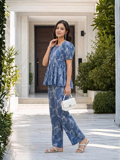 Blue Printed Polyester Paisley Round Neck Casual Co-Ord Set