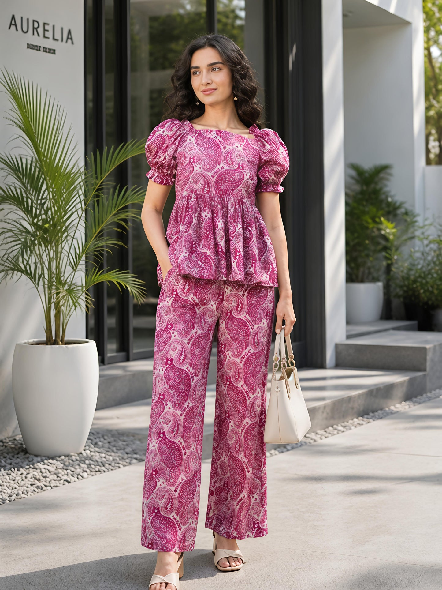 Magenta Pink Printed Polyester Paisley Square Neck Casual Co-Ord Set