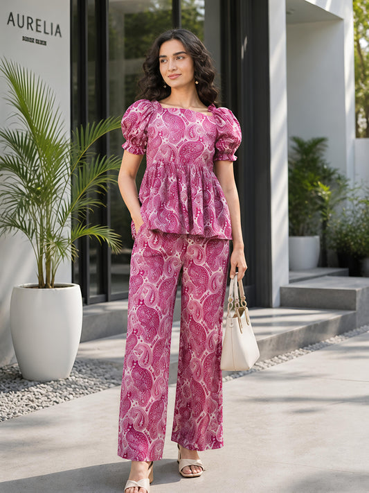 Magenta Pink Printed Polyester Paisley Square Neck Casual Co-Ord Set