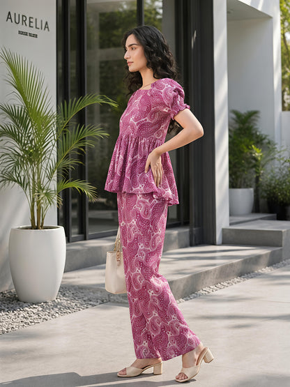 Magenta Pink Printed Polyester Paisley Square Neck Casual Co-Ord Set