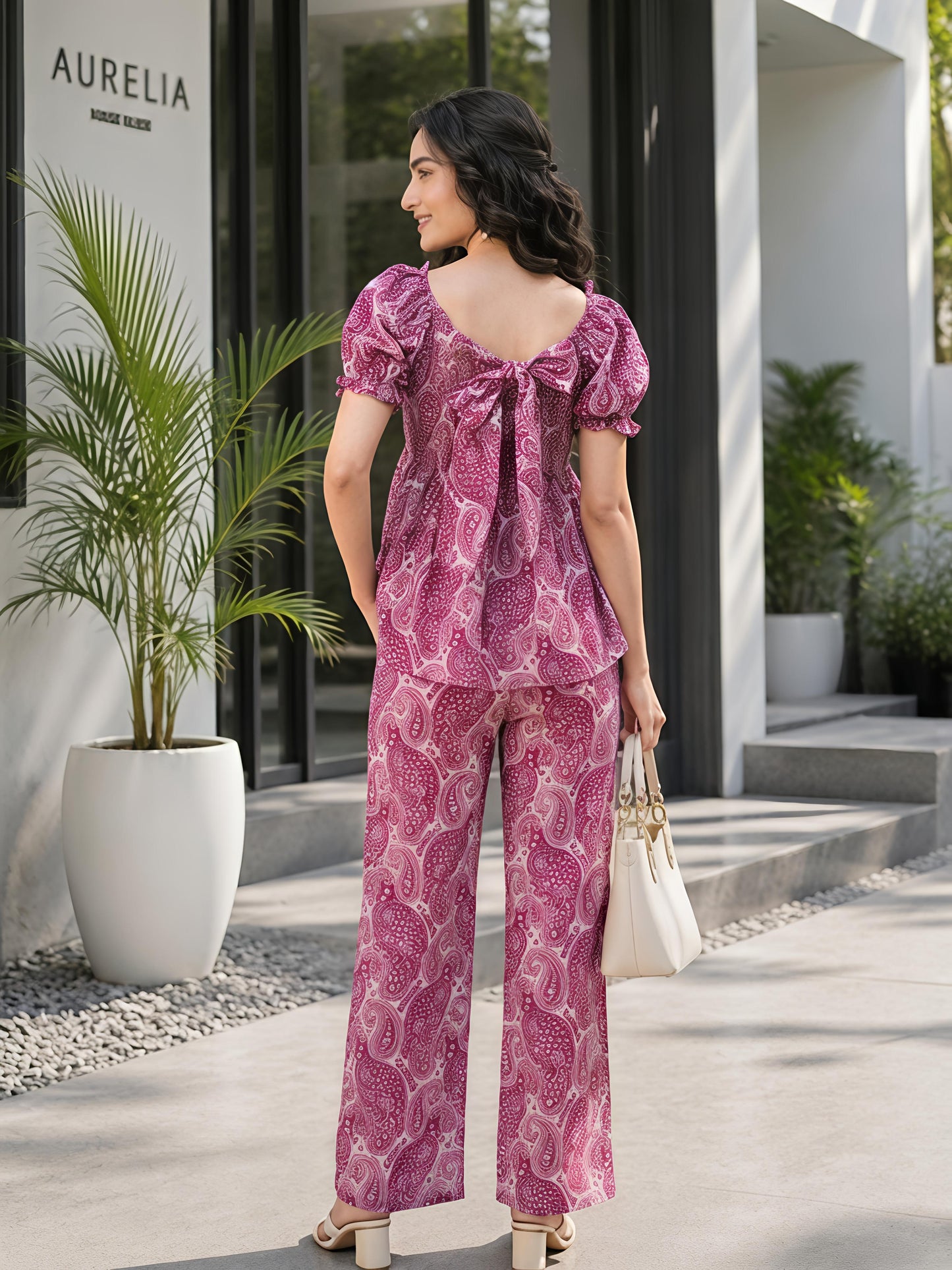 Magenta Pink Printed Polyester Paisley Square Neck Casual Co-Ord Set