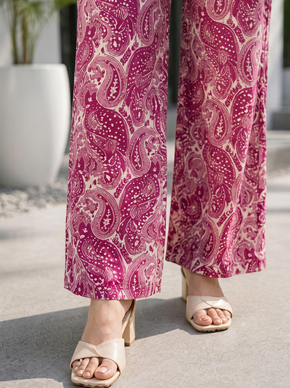 Magenta Pink Printed Polyester Paisley Square Neck Casual Co-Ord Set