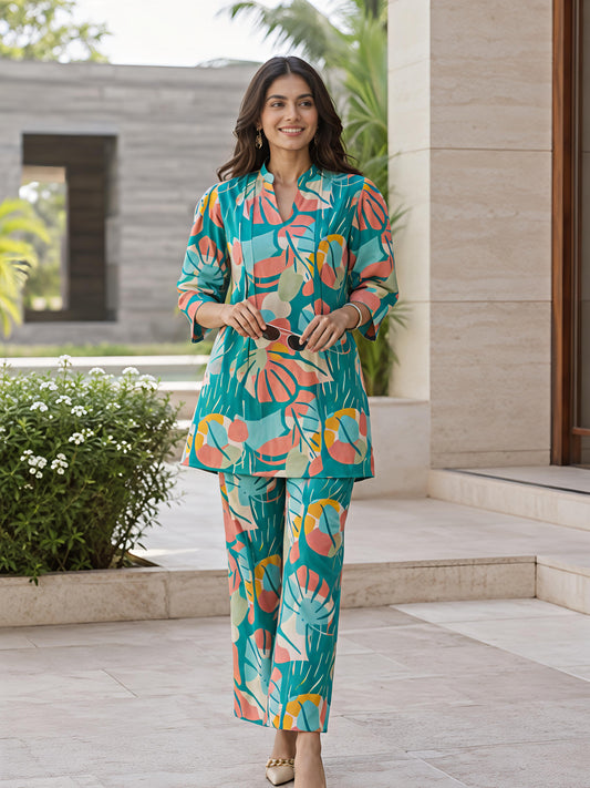 Teal Blue Printed Polyester Floral Round Neck Co-Ord Set
