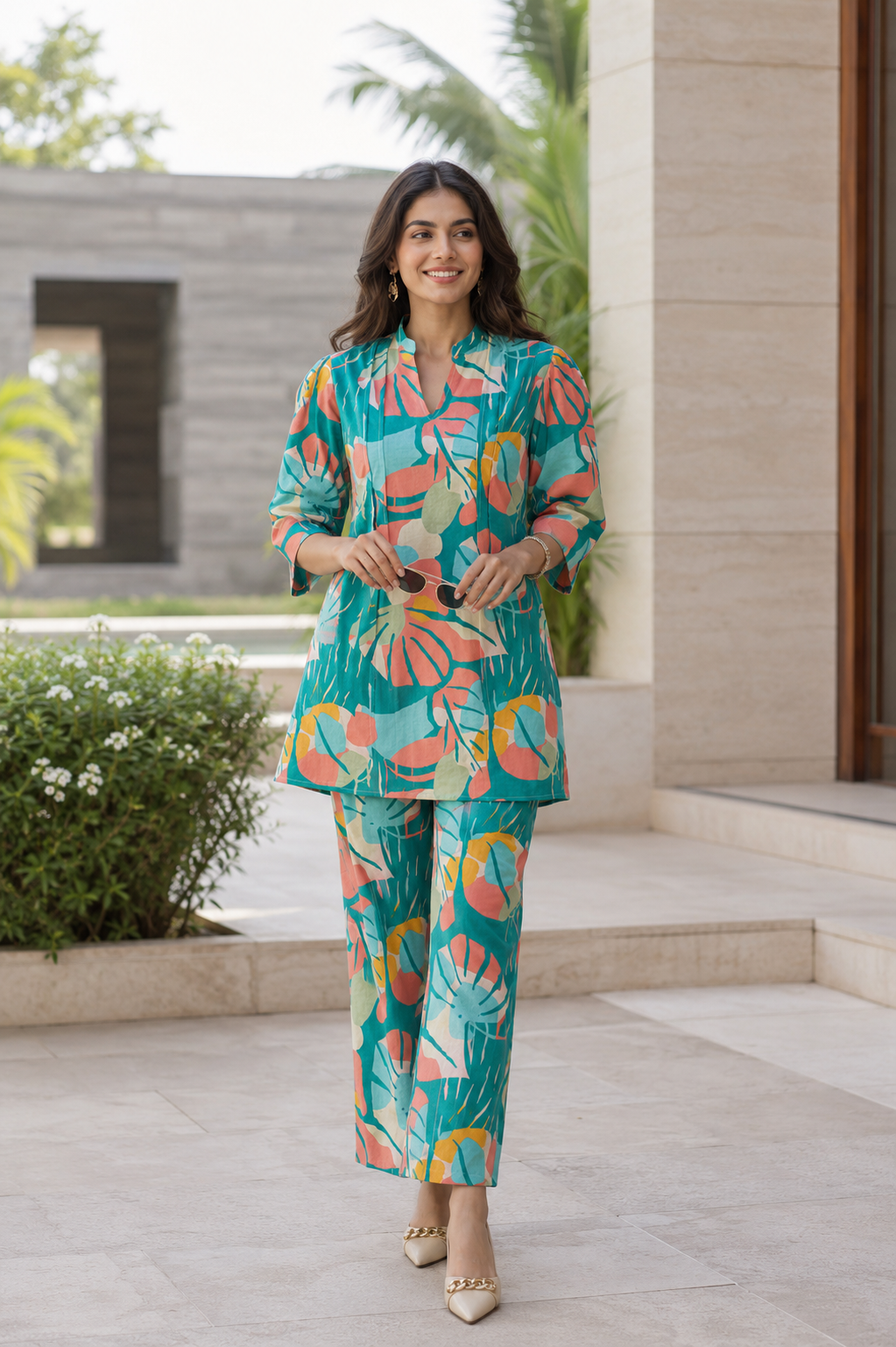 Teal Blue Printed Polyester Floral Round Neck Co-Ord Set
