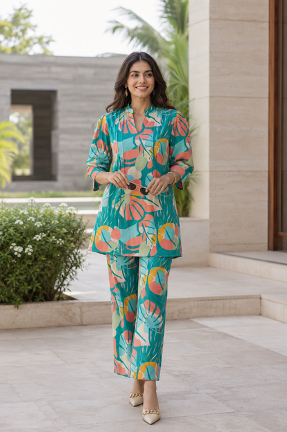 Teal Blue Printed Polyester Floral Round Neck Co-Ord Set