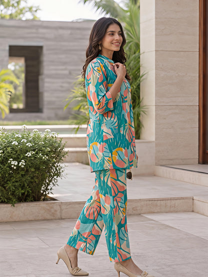 Teal Blue Printed Polyester Floral Round Neck Co-Ord Set