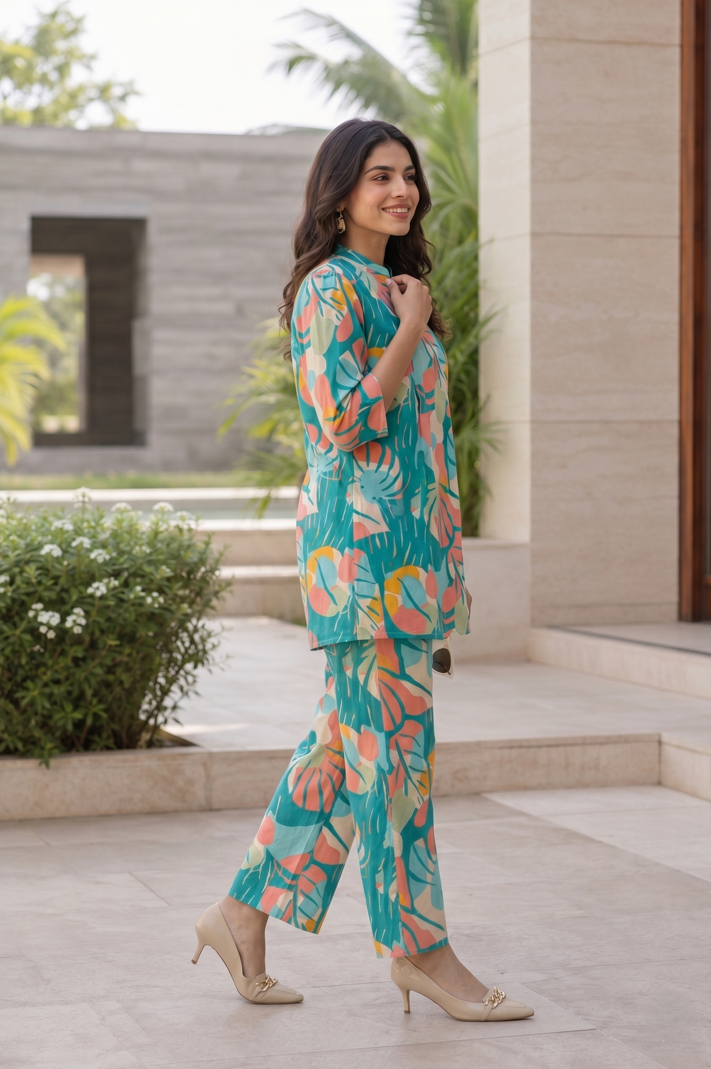 Teal Blue Printed Polyester Floral Round Neck Co-Ord Set