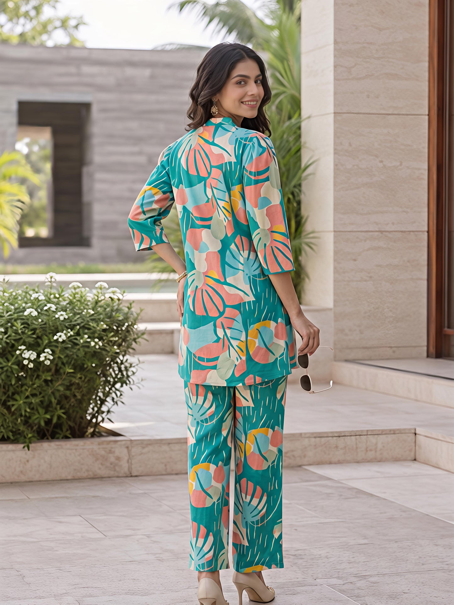 Teal Blue Printed Polyester Floral Round Neck Co-Ord Set