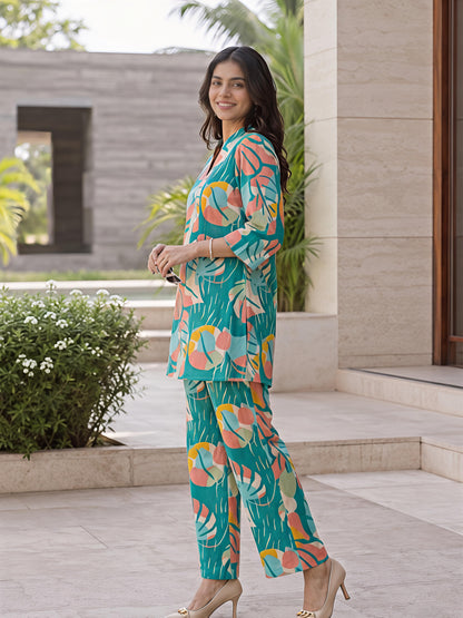 Teal Blue Printed Polyester Floral Round Neck Co-Ord Set
