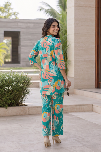 Teal Blue Printed Polyester Floral Round Neck Co-Ord Set