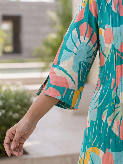 Teal Blue Printed Polyester Floral Round Neck Co-Ord Set