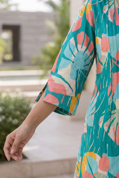 Teal Blue Printed Polyester Floral Round Neck Co-Ord Set