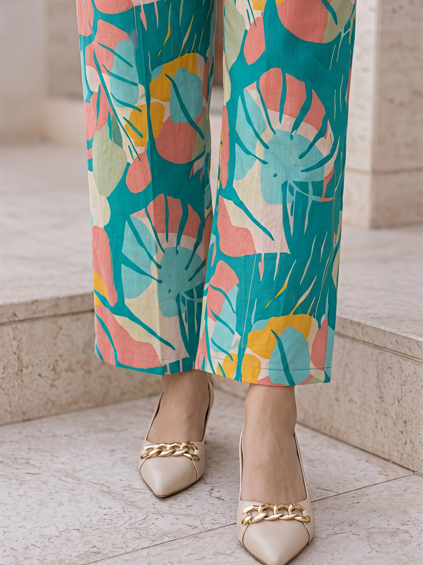 Teal Blue Printed Polyester Floral Round Neck Co-Ord Set