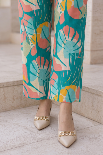 Teal Blue Printed Polyester Floral Round Neck Co-Ord Set