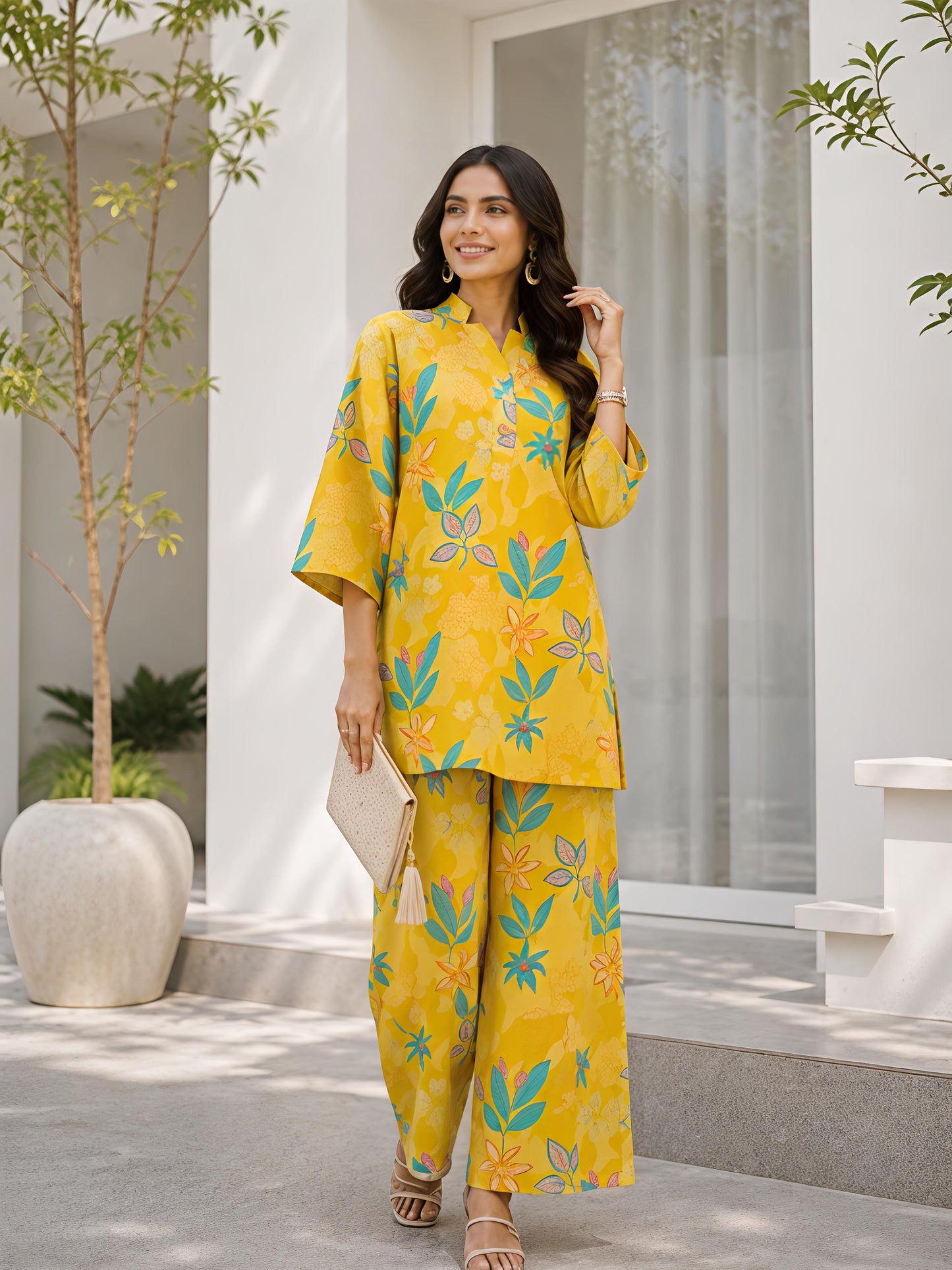 Yellow Printed Polyester Floral Round Neck Casual Co-Ord Set