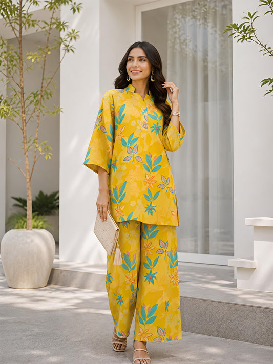 Yellow Printed Polyester Floral Round Neck Casual Co-Ord Set