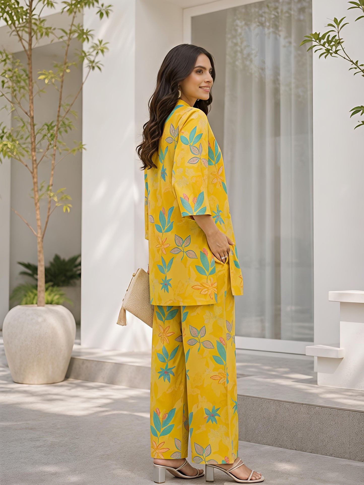 Yellow Printed Polyester Floral Round Neck Casual Co-Ord Set