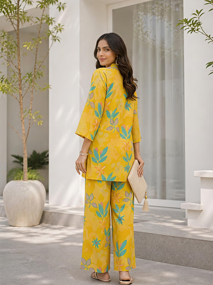 Yellow Printed Polyester Floral Round Neck Casual Co-Ord Set