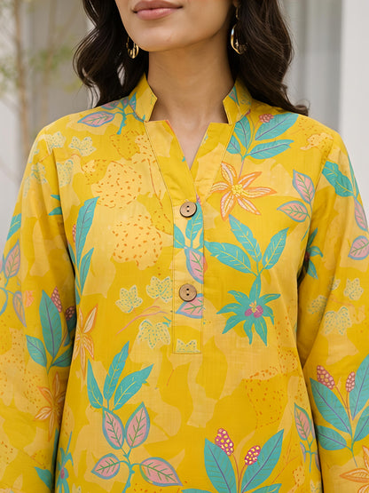 Yellow Printed Polyester Floral Round Neck Casual Co-Ord Set