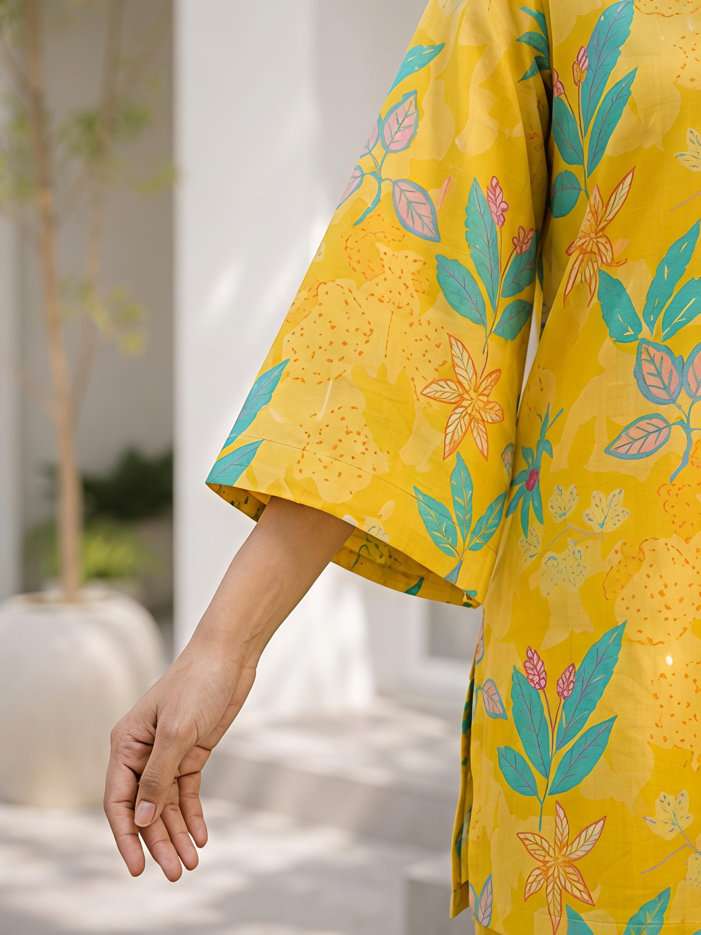 Yellow Printed Polyester Floral Round Neck Casual Co-Ord Set