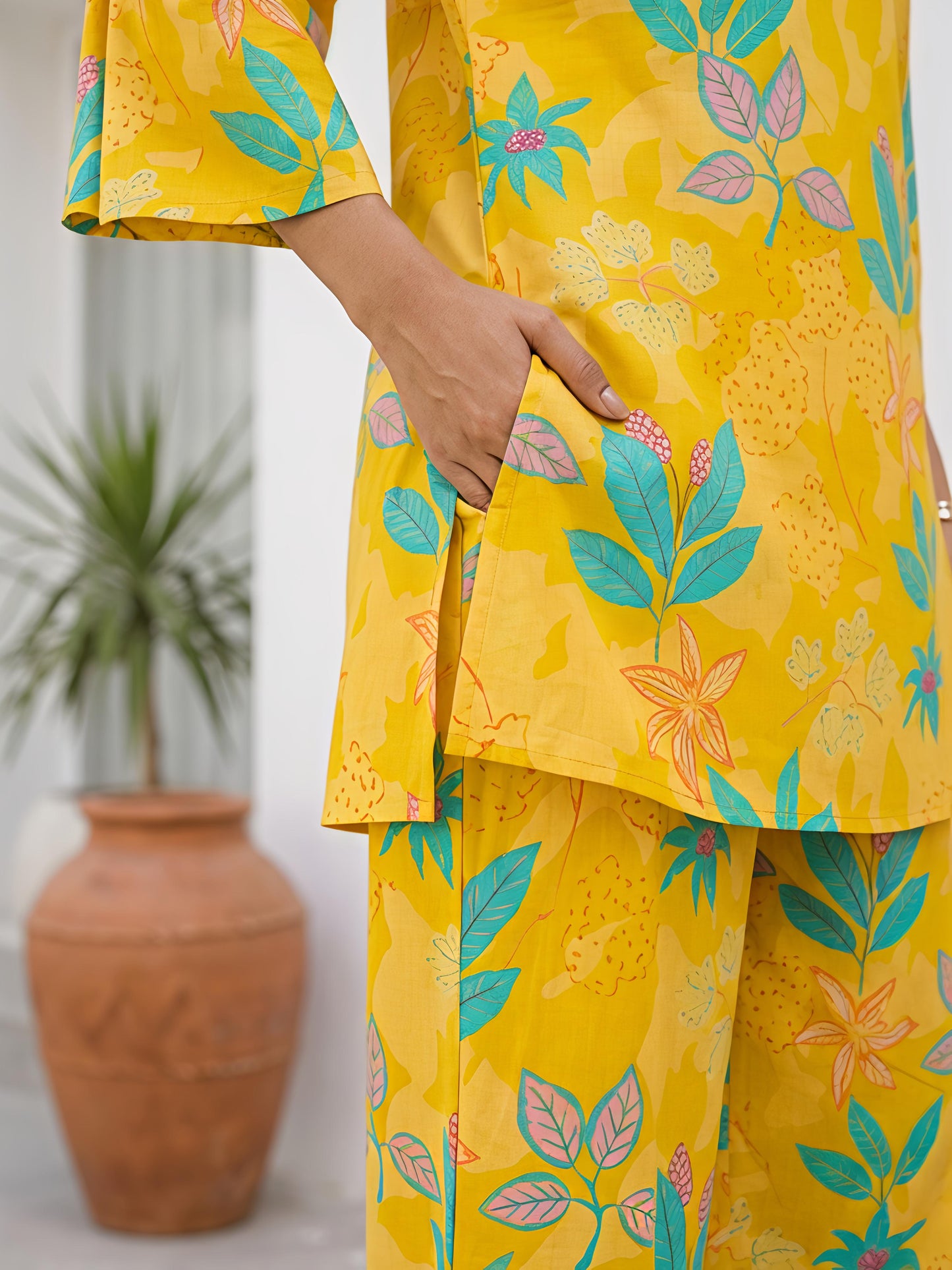 Yellow Printed Polyester Floral Round Neck Casual Co-Ord Set