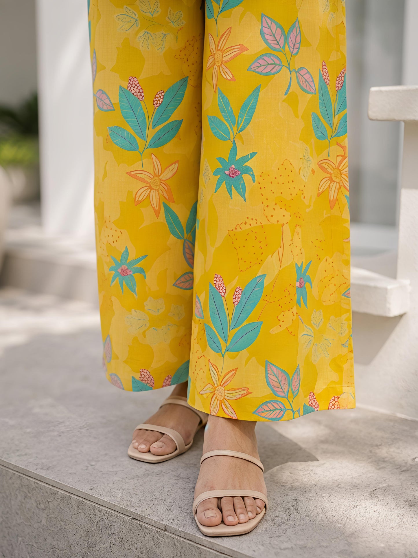 Yellow Printed Polyester Floral Round Neck Casual Co-Ord Set
