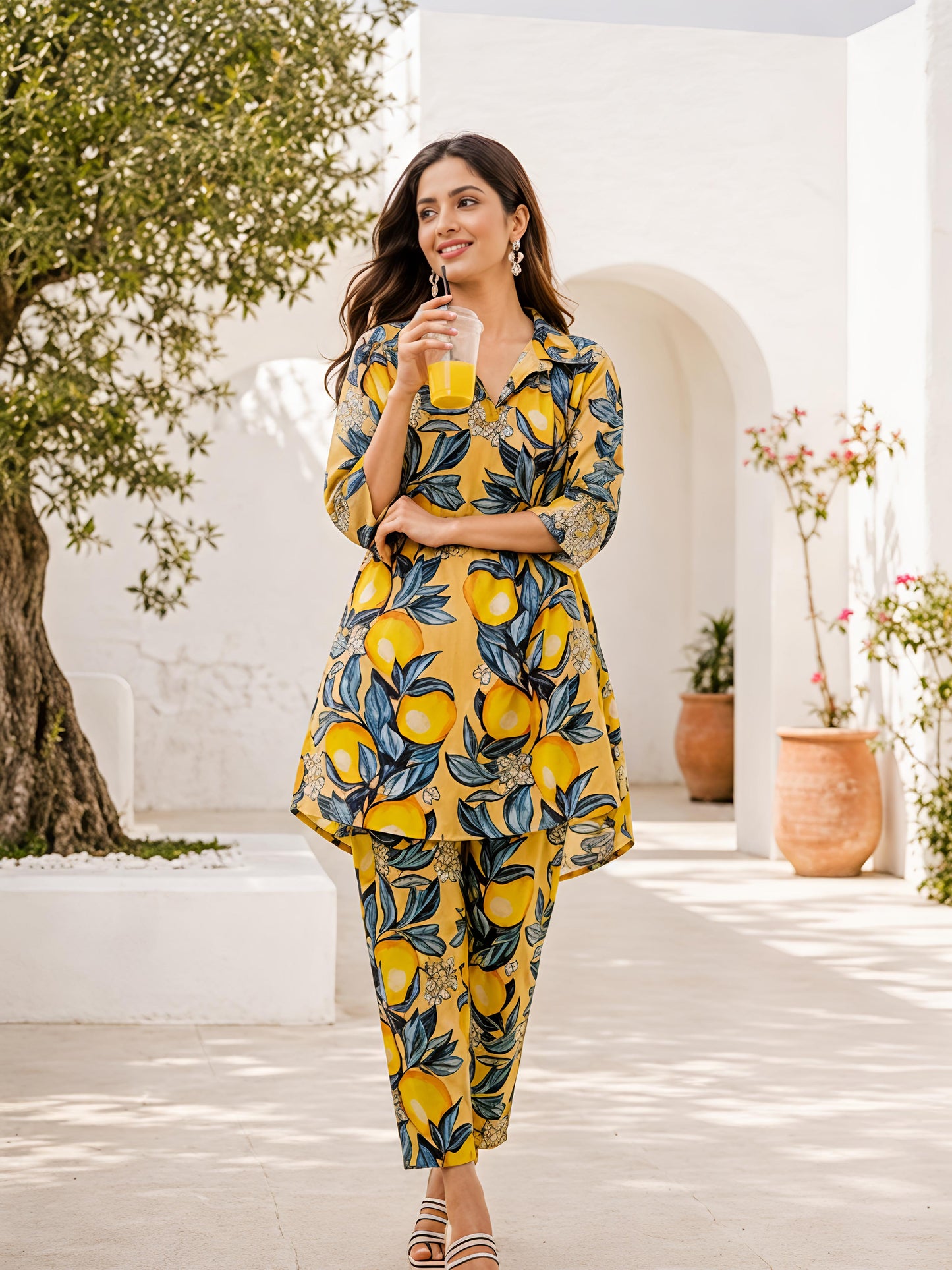 Yellow Printed Floral Polyester Casual Stylish Co-Ord Set