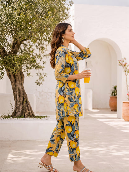 Yellow Printed Floral Polyester Casual Stylish Co-Ord Set