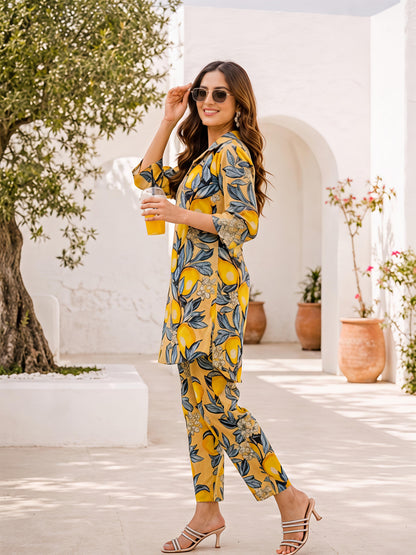 Yellow Printed Floral Polyester Casual Stylish Co-Ord Set