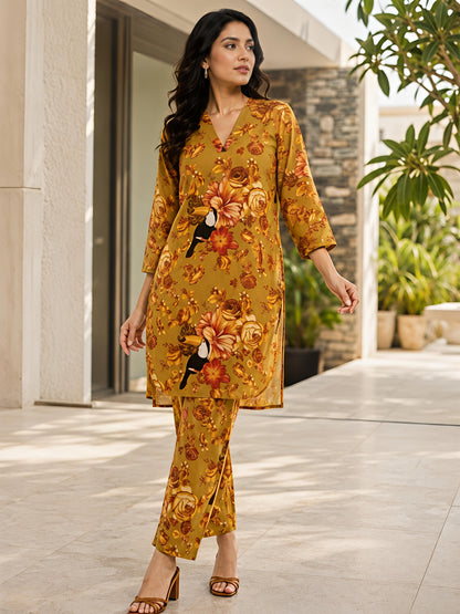 Yellow Printed Floral Polyester V-Neck Casual Co-Ord Set