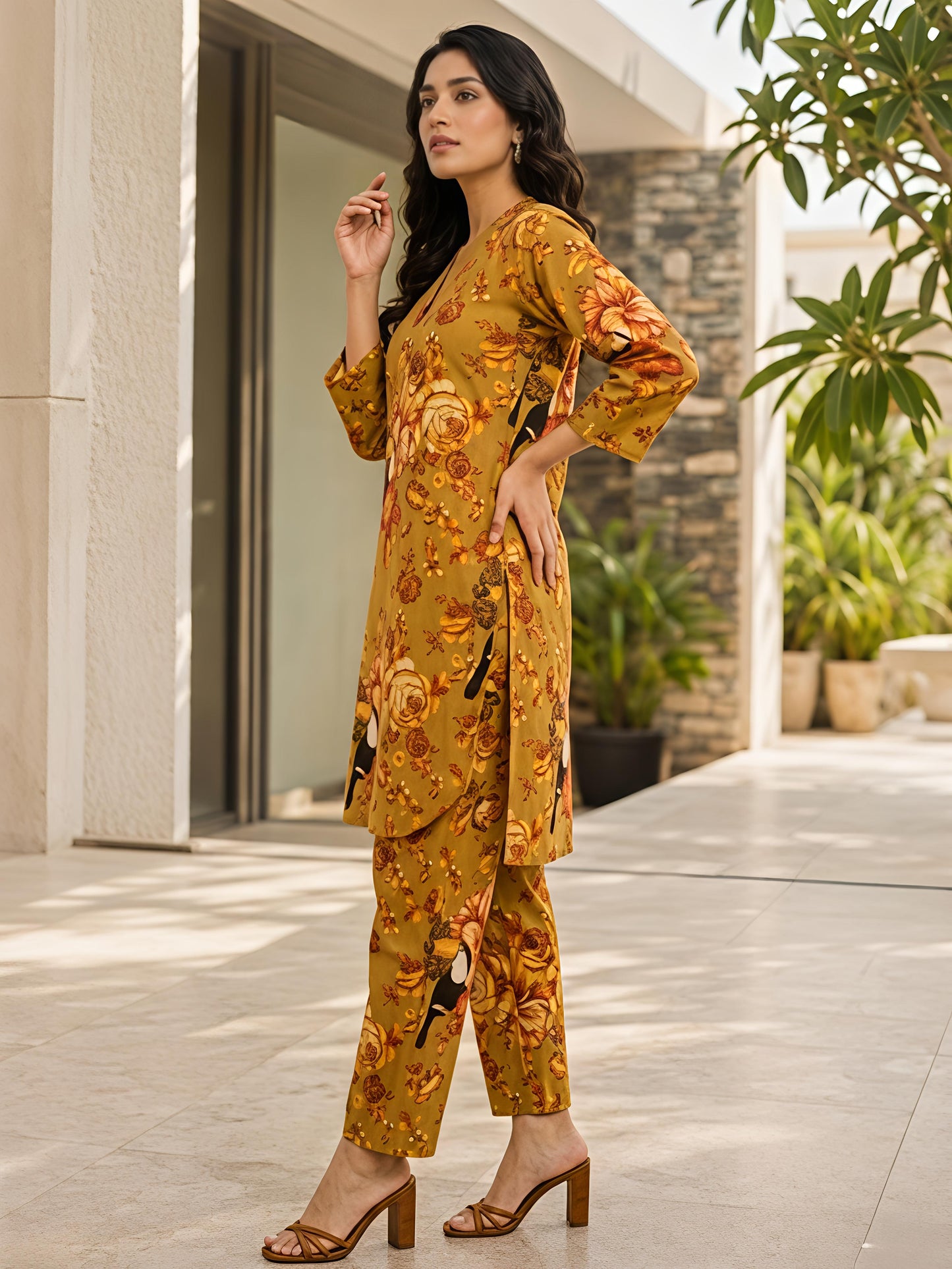 Yellow Printed Floral Polyester V-Neck Casual Co-Ord Set
