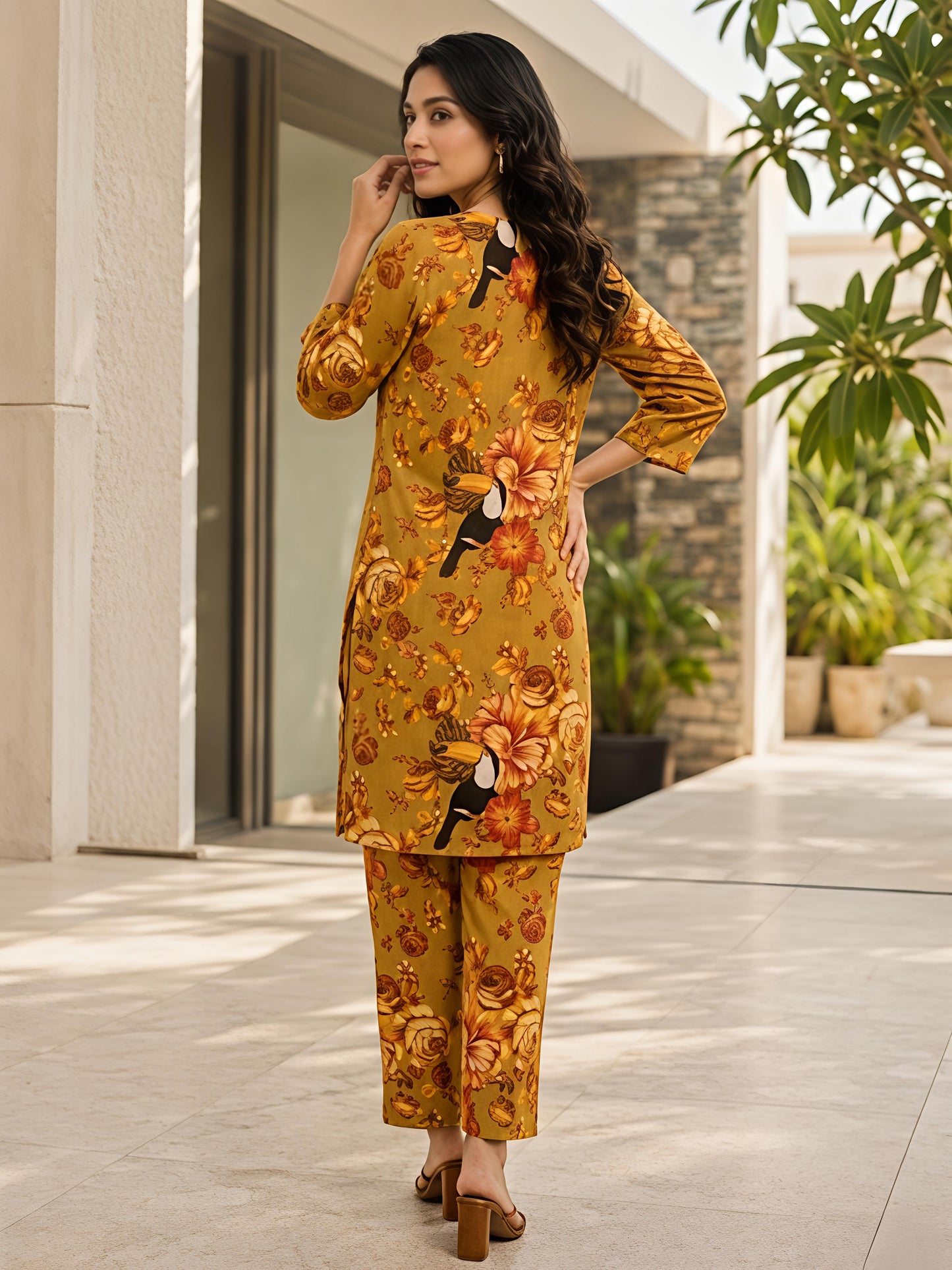 Yellow Printed Floral Polyester V-Neck Casual Co-Ord Set