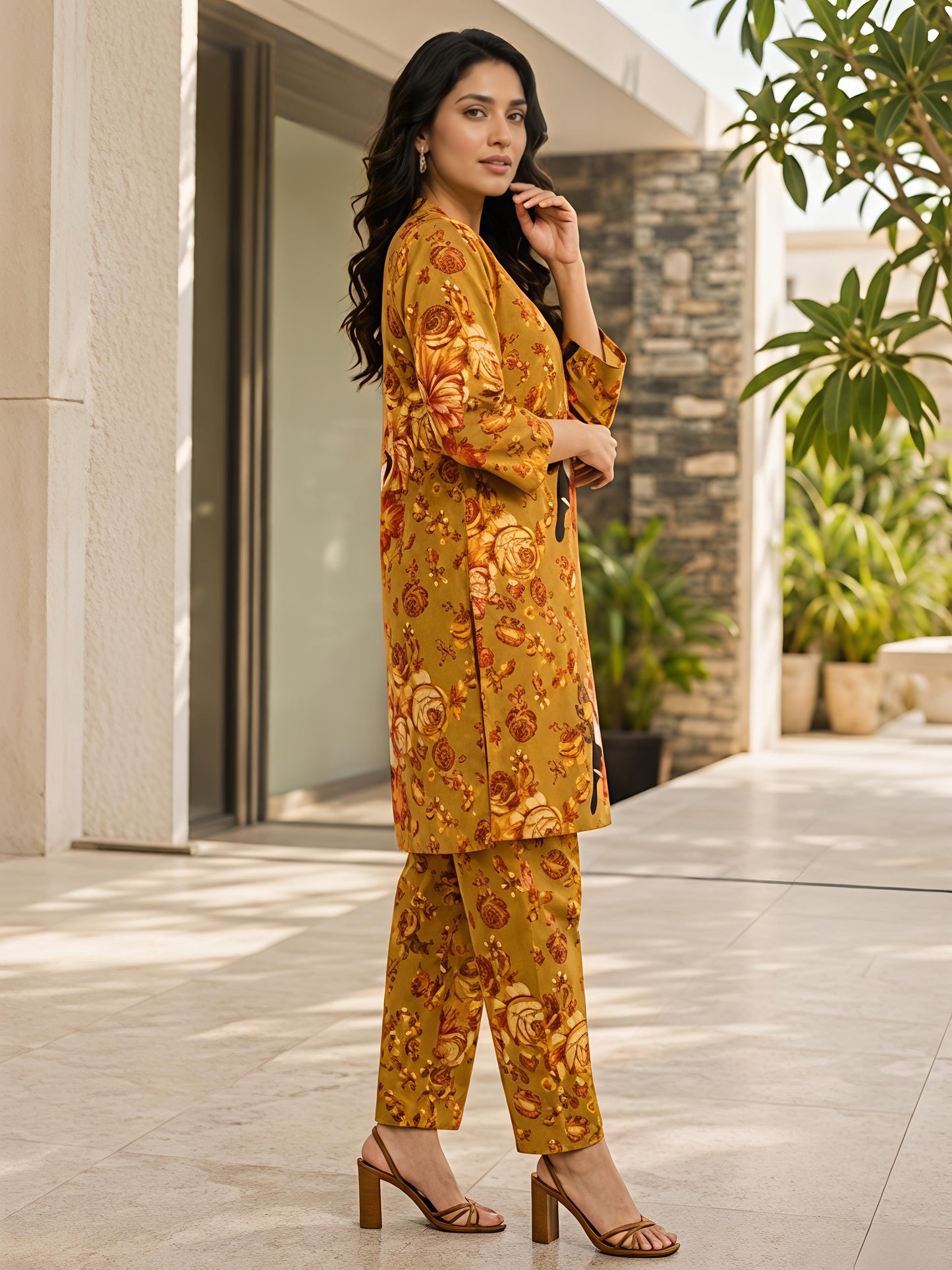 Yellow Printed Floral Polyester V-Neck Casual Co-Ord Set